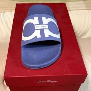 Salvatore Ferragamo Blue Slide Sandal with White Logo